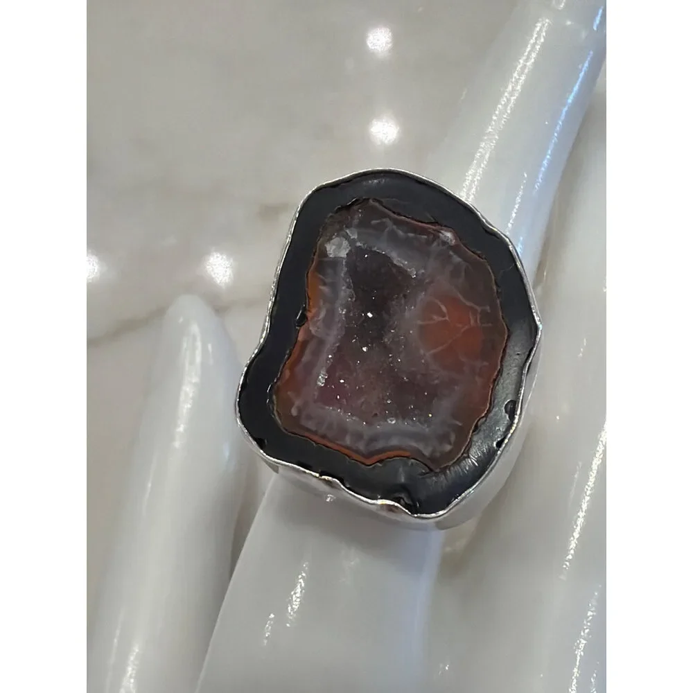 Charles Albert Sterling Silver Agate Slice Statement Ring Size 7.5/8